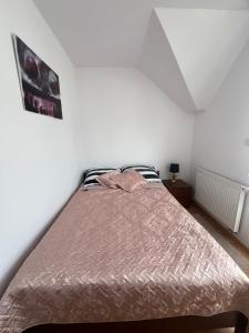 a bedroom with a bed in a white room at Apartament Łeba in Żarnowska