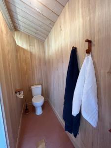 a small bathroom with a toilet and a towel at Moulin insolite - Rooftop - Proche St-Emilion in Saint-Vincent-de-Pertignas
