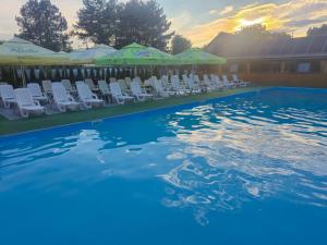 a swimming pool with white chairs and umbrellas at Oasis in Edineţ