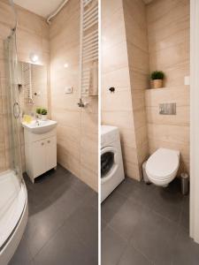 a bathroom with a toilet sink and a washing machine at Ametystowa Street in Września +10 photos