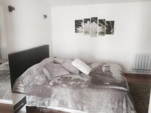 a bed in a bedroom with two pictures on the wall at La maison spacieuse et confortable in Deauville