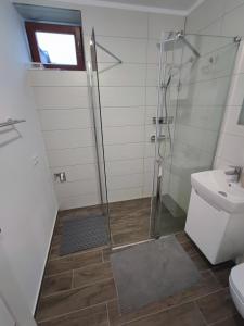 a bathroom with a shower and a toilet at Apartmán Štiavnik in Vysoké Tatry +8 photos