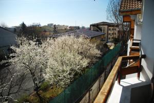 a balcony with a fence and trees in a city at Pension La Noblesse in Bucharest +19 photos