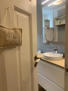 a bathroom door with a sink and a mirror at Mølleråsen Apartment in Sandefjord +24 photos