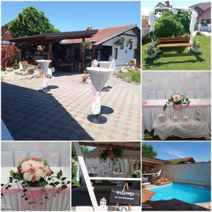 a collage of photos with a table and flowers at Lucija in Tenja