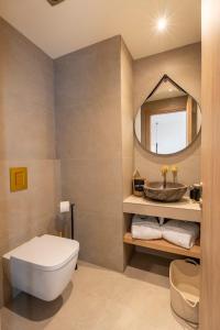 a bathroom with a toilet and a sink and a mirror at Naiades Guest House in Sálakos