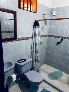 a bathroom with a toilet and a sink and a shower at Casa Garaje in Barichara