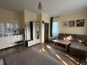 ein Wohnzimmer mit Sofa und eine Küche in der Unterkunft Hotel Vardzia K A L A in Aspindza