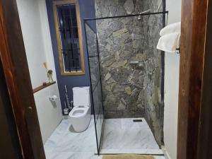 a bathroom with a stone shower with a toilet at Verified Stone House in Dodoma