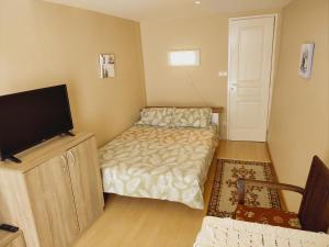 a bedroom with a bed and a flat screen tv at Maison de charme - proche toutes commodités in Marseillan