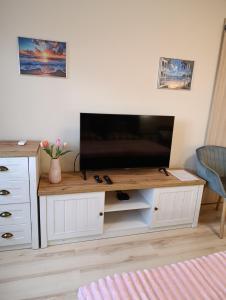 a entertainment center with a flat screen tv on top at Móra Corner Apartman Mezőkövesd in Mezőkövesd