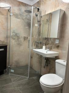 a bathroom with a shower and a toilet and a sink at Apartamenty Leszczynowa in Łomża +30 photos