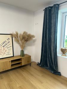 a living room with a green curtain and a tv at Apartamenty Leszczynowa in Łomża