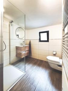 a bathroom with a glass shower and a toilet at Cosy Place Xanten in Xanten +26 photos