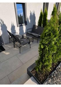 a patio with two benches and a bush at YourHome 2 in Haigerloch