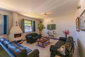 a living room with leather furniture and a fireplace at Pousada das Orquídeas in Pirenópolis