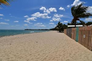 a beach with a fence and palm trees and the ocean at Tri Tan Beach Cabanas in Placencia