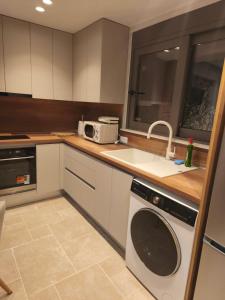 a kitchen with a sink and a washing machine at Villa Sivo in Kolymbia