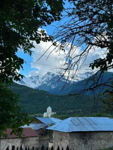 a view of a mountain with a building and trees at guesthouse twins in svaneti in Mestia