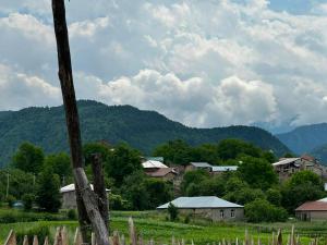 a village with houses and mountains in the background at guesthouse twins in svaneti in Mestia