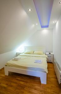 a bedroom with a white bed with a blue ceiling at Wolf Apartments Zabljak in Žabljak