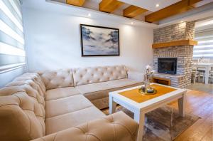 a living room with a couch and a fireplace at Wolf Apartments Zabljak in Žabljak