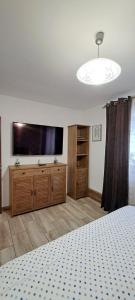 a bedroom with a bed and a flat screen tv at Casa Mia in Câmpulung Moldovenesc