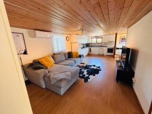 a living room with a couch and a tv at Enkelt nära havet in Skummeslövsstrand
