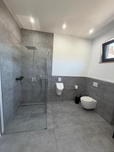 a bathroom with a shower and a toilet and a sink at Moselpanorama91 in Briedel +12 photos