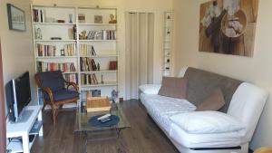a living room with a white couch and a book shelf at Gîte La Salamandre in Passenans