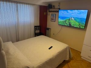 a bedroom with a bed and a flat screen tv at Corrientes Center in Buenos Aires +27 photos