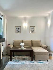 a living room with a couch and a coffee table at Villa Foresta in Oreshak +20 photos