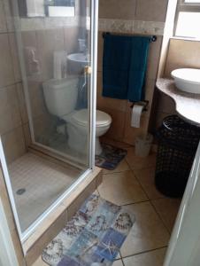 a bathroom with a shower and a toilet and a sink at Hibberdene See to Sea in Hibberdene