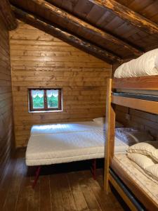 a bedroom with two bunk beds in a log cabin at Baita Palue in Torcegno