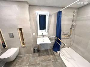 a bathroom with a sink and a toilet and a shower at Le Saint July in Eauze