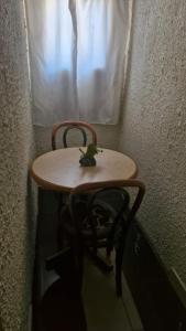 a small table with a bird sitting on top of a chair at Millys Guesthouse Jhb in Johannesburg +7 photos