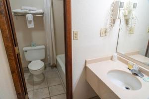 a bathroom with a toilet and a sink and a mirror at The Jeffreys Hotel Extended Stay in Osceola +15 photos