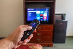 a person holding a remote control in front of a television at The Jeffreys Hotel Extended Stay in Osceola
