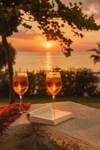 two glasses of wine sitting on a table with a book at Casa di Mare in Kyparissia +60 photos