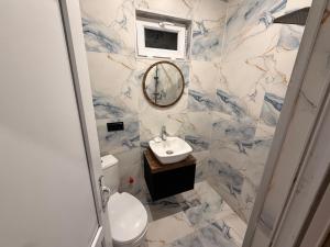 a bathroom with a sink and a mirror at Tornikes Cottages in Ureki