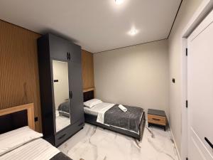 a bedroom with two beds and a mirror at Tornikes Cottages in Ureki