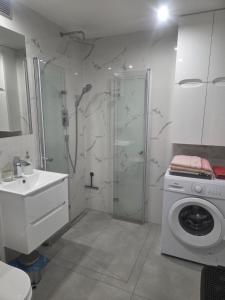 a bathroom with a shower and a washing machine at Apartament Słobódka in Słobódka
