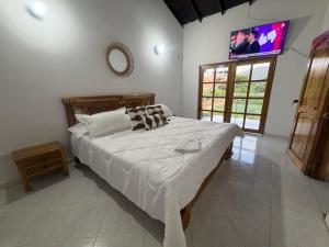 a bedroom with a bed and a tv on the wall at Cabaña Sueños del Mar in Santa Marta