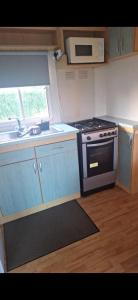 a kitchen with a stove and a sink and a microwave at Clonvilla Mobile Chalet in Cromponn Bridge