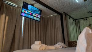 a room with a bed with a tv on the ceiling at Rancho Canto da Lua in Urubici