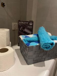 a basket of towels and toilet paper on a counter at Vi Lux Apartments in Visoko +77 photos