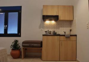 a kitchen with wooden cabinets and a plant in it at OdeSea Aegean Studios in Plomari