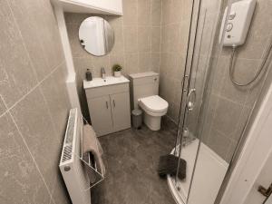 a bathroom with a shower and a toilet and a sink at Hillhead Apartment in Coylton +2 photos