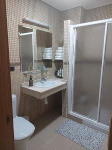 a bathroom with a toilet and a sink and a shower at Apartamento centrico Luada in Vigo +19 photos