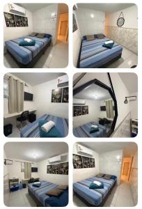 four pictures of four beds in a room at Cantinho Aconchegante - Quarto com Ar-cond 1 in Bayeux